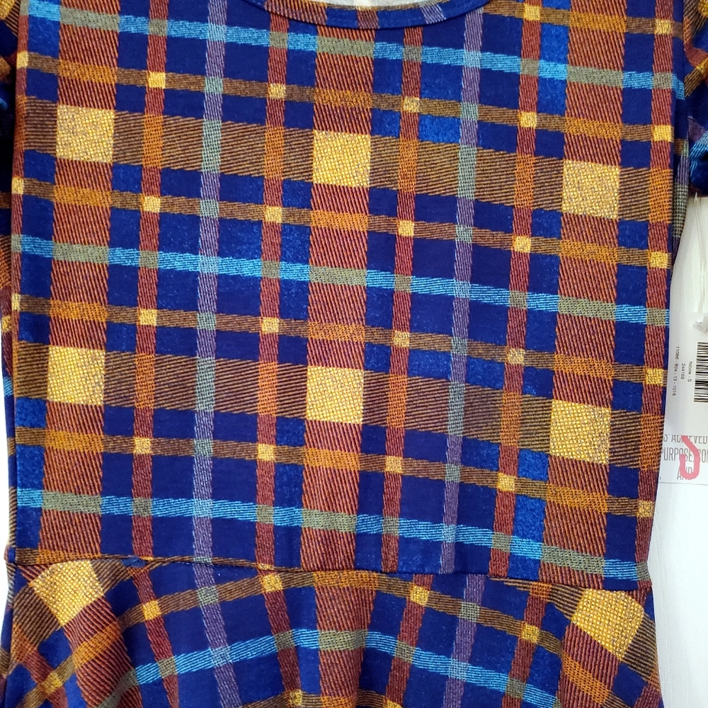 Lularoe S Orange Blue Plaid Nicole Midi Dress NWT - Picture 2 of 6